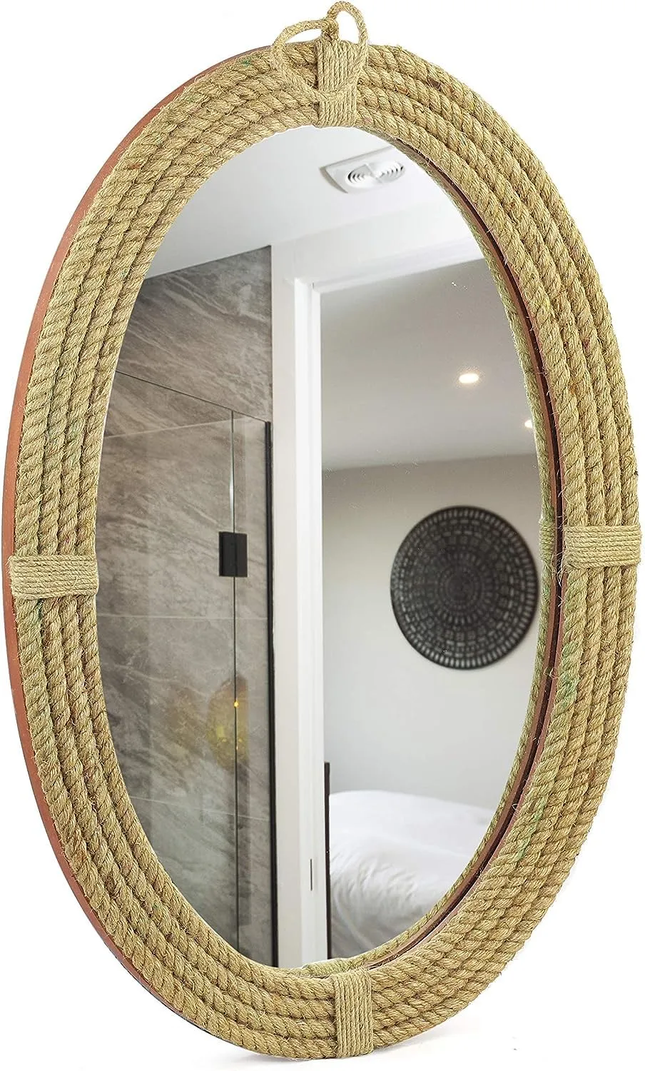 Nagina International 24" Oval Round Wooden Bathroom Rope Mirror | Wooden Framed Antique Style Chic Home Decor Accessories | Mozaic Designers Wall Hanging Ideas