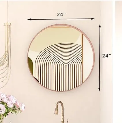 NEVEX Round Metal Wall Mirror || Modern Mirror Decorative Mirror || Gold Round Mirror for Your Wash Basin(24 X24 INCH) (Rose Gold 4)