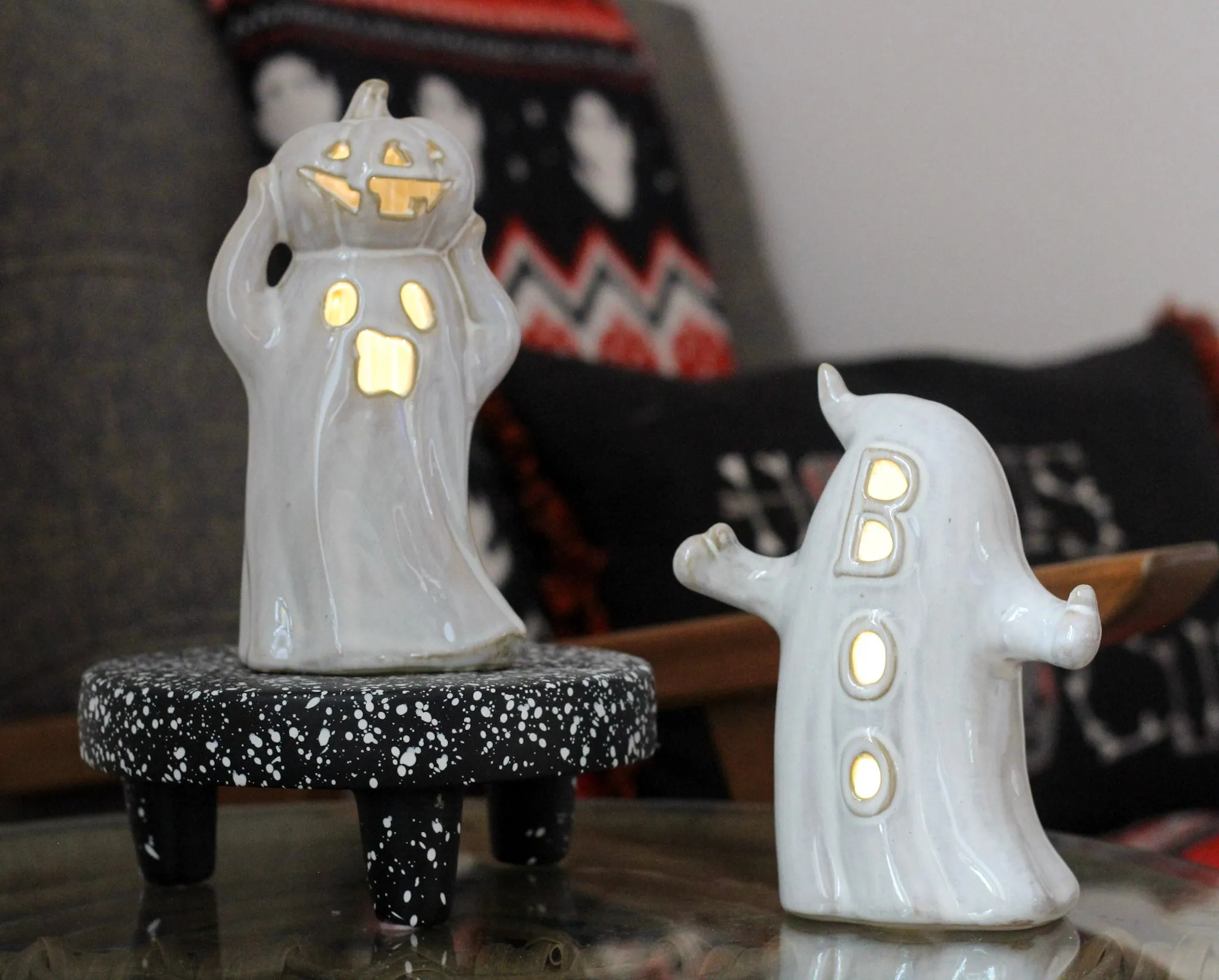 Porcelain Ceramic LED Light Up Ghost With Pumpkin Ornament