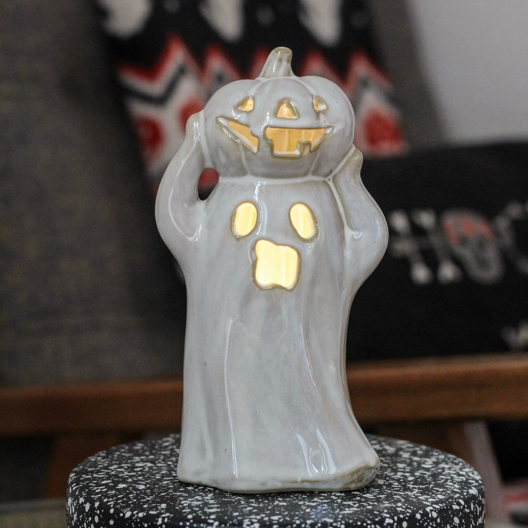 Porcelain Ceramic LED Light Up Ghost With Pumpkin Ornament