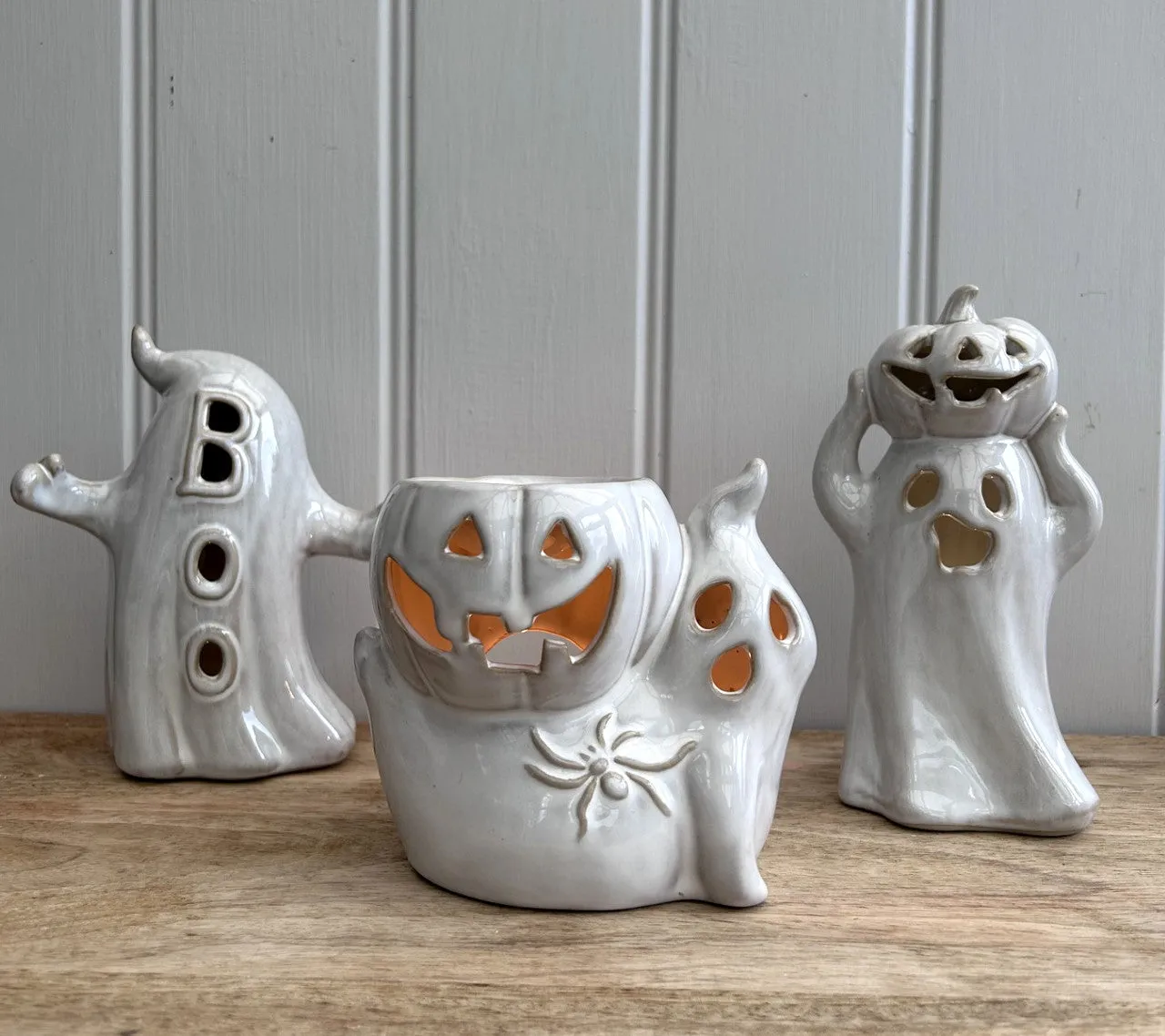 Porcelain Ceramic LED Light Up Ghost With Pumpkin Ornament