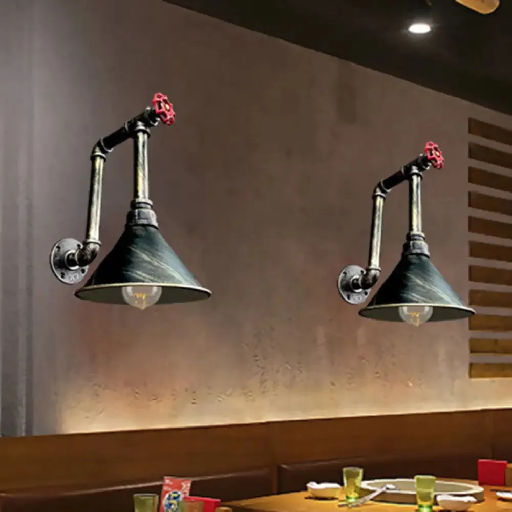 Rustic Black/Bronze Metal Wall Sconce with Cone Shade for Restaurants - 1 Light Pipe and Valve Design