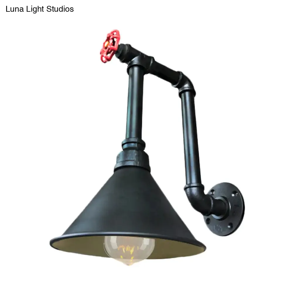 Rustic Black/Bronze Metal Wall Sconce with Cone Shade for Restaurants - 1 Light Pipe and Valve Design