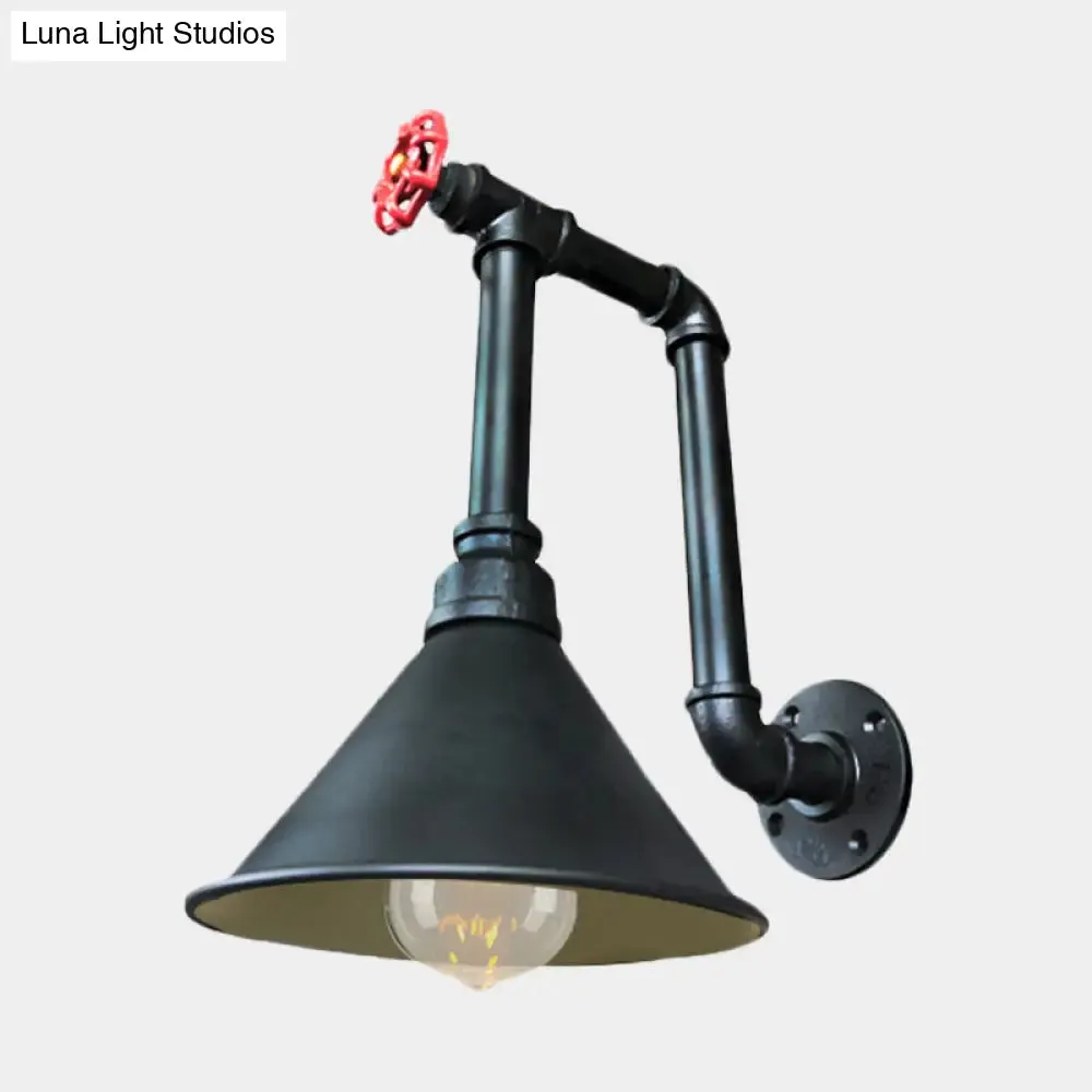 Rustic Black/Bronze Metal Wall Sconce with Cone Shade for Restaurants - 1 Light Pipe and Valve Design