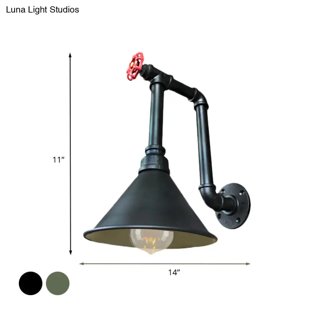 Rustic Black/Bronze Metal Wall Sconce with Cone Shade for Restaurants - 1 Light Pipe and Valve Design