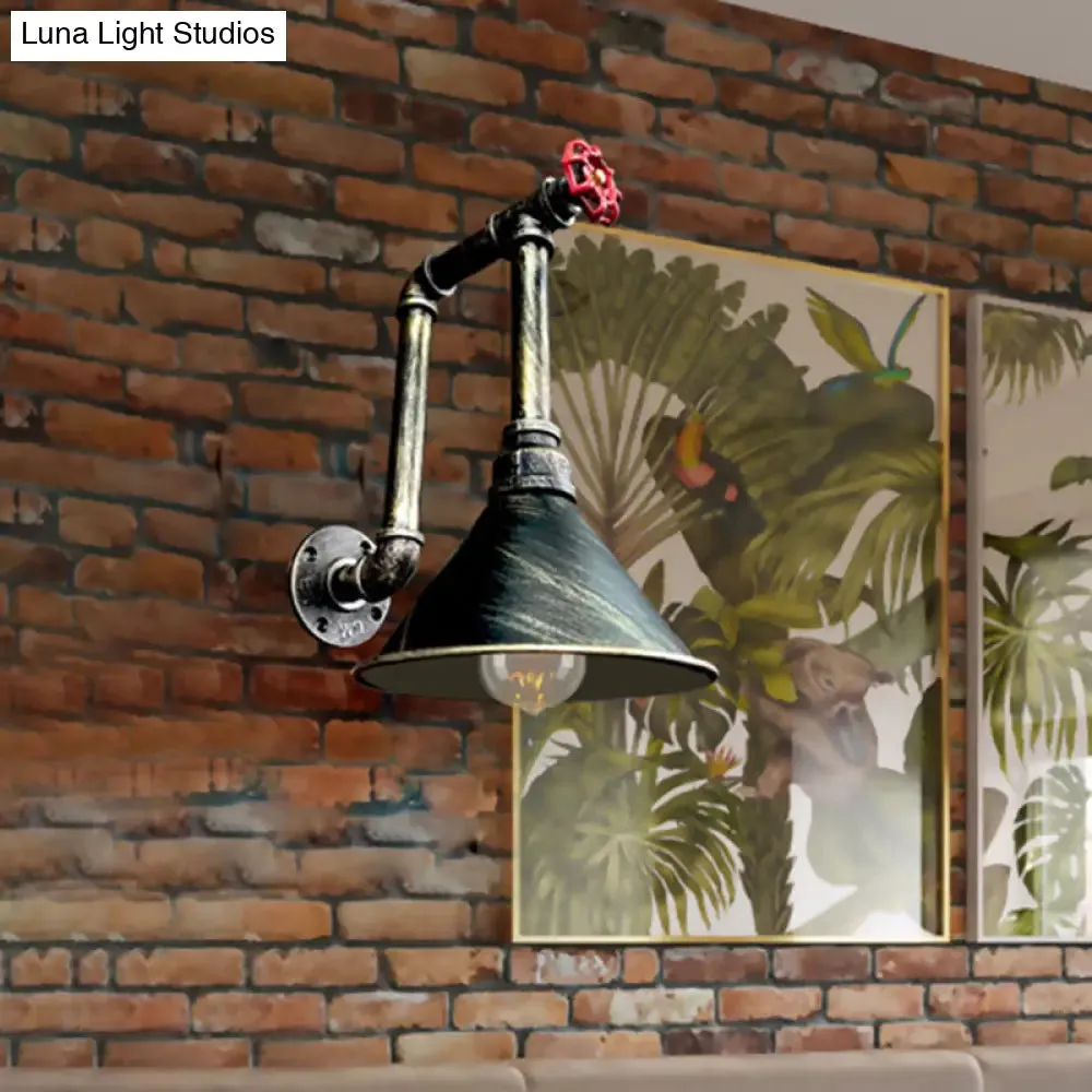Rustic Black/Bronze Metal Wall Sconce with Cone Shade for Restaurants - 1 Light Pipe and Valve Design