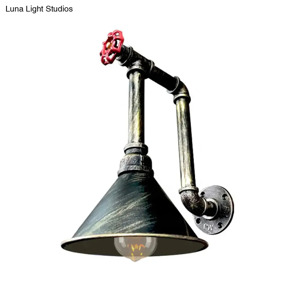 Rustic Black/Bronze Metal Wall Sconce with Cone Shade for Restaurants - 1 Light Pipe and Valve Design