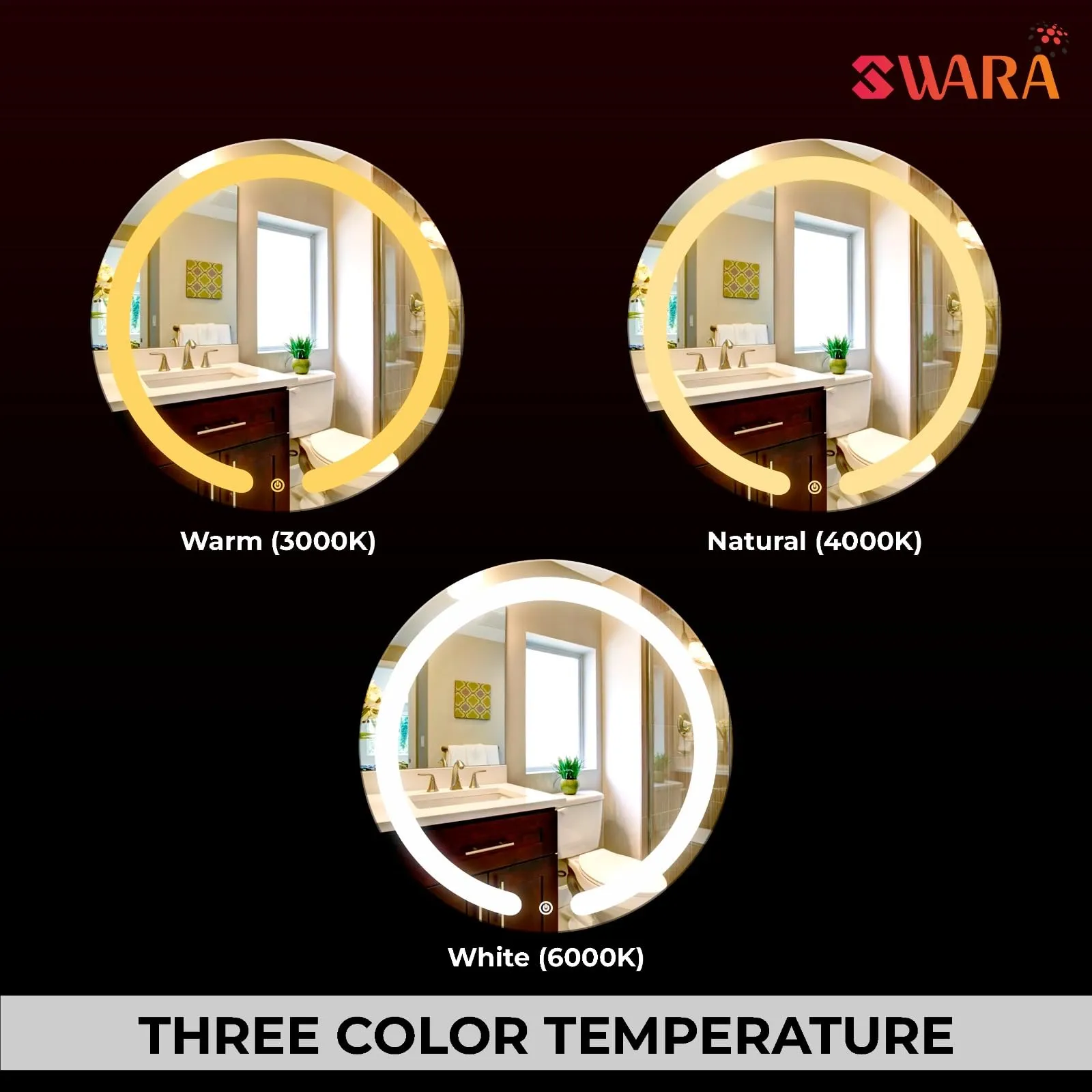 SAHAJ PLASTO NEVEX Round Wall Mounting Led Mirror with Bathroom,Light Mirror for Wash Besin,Size 24X24 inch|Mirror with Light 3 Tone (Cool White, Natural White, Warm White).