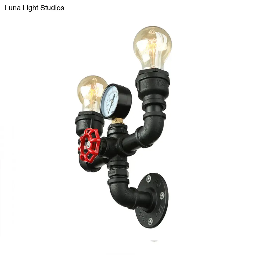 Steampunk Restaurant Wall Lighting in Black: 2/3-Lights Wall Mount with Metal Pipe and Gauge