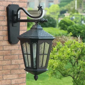 Textured Black Lantern Wall Sconce with Water Glass - Outdoor Wall Mount Lamp (1 Light, 9" or 13" Width)