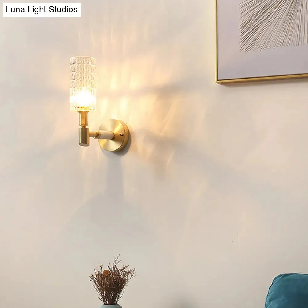 Traditional Ribbed Glass Gold Tube Sconce Light: Wall-Mounted Lamp for Living Room