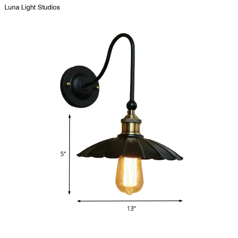 Vintage Black Scalloped Wall Sconce Light with Gooseneck Arm