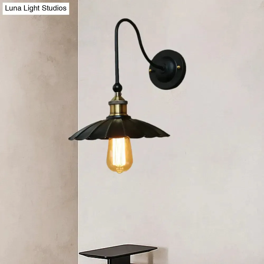 Vintage Black Scalloped Wall Sconce Light with Gooseneck Arm