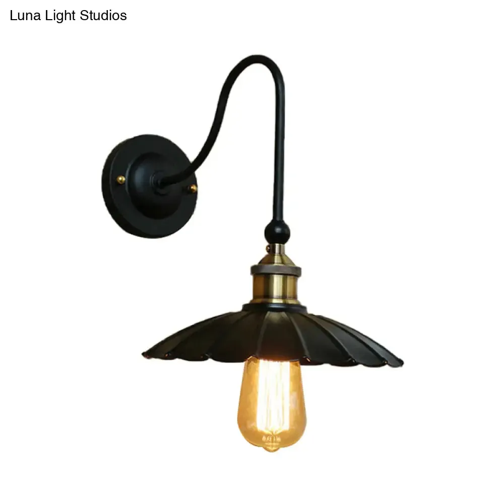 Vintage Black Scalloped Wall Sconce Light with Gooseneck Arm