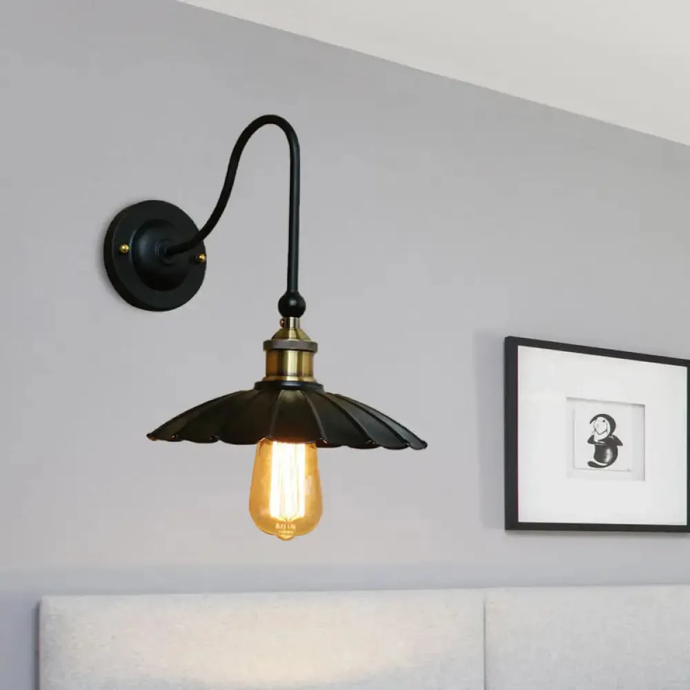 Vintage Black Scalloped Wall Sconce Light with Gooseneck Arm