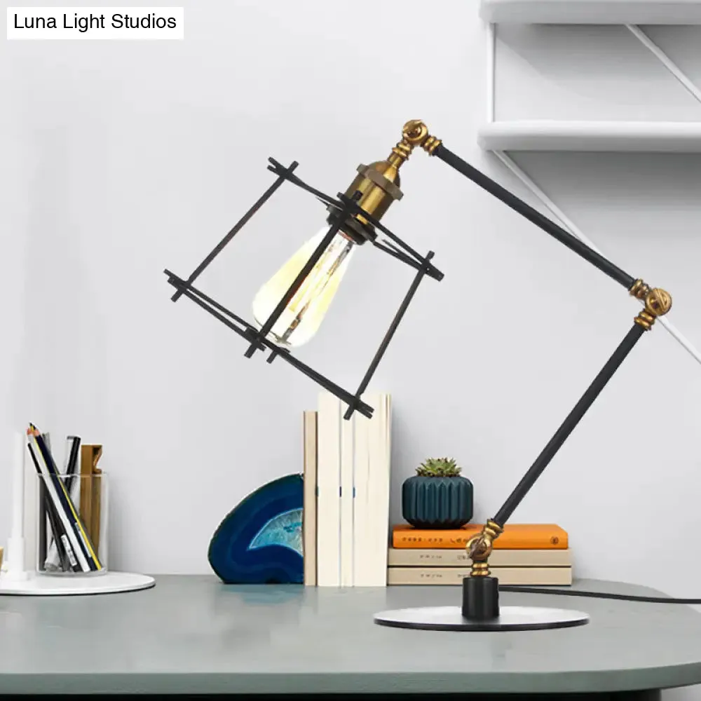 Vintage Metal Trapezoid Cage Table Lamp with Adjustable Arm - Black/Brass Finish