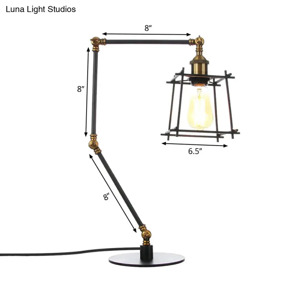 Vintage Metal Trapezoid Cage Table Lamp with Adjustable Arm - Black/Brass Finish