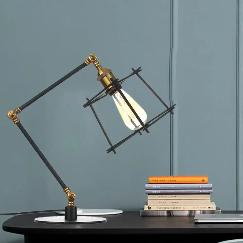 Vintage Metal Trapezoid Cage Table Lamp with Adjustable Arm - Black/Brass Finish