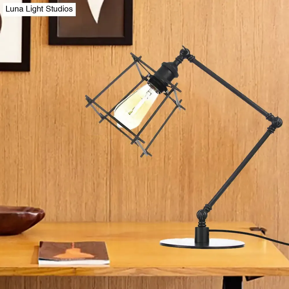Vintage Metal Trapezoid Cage Table Lamp with Adjustable Arm - Black/Brass Finish