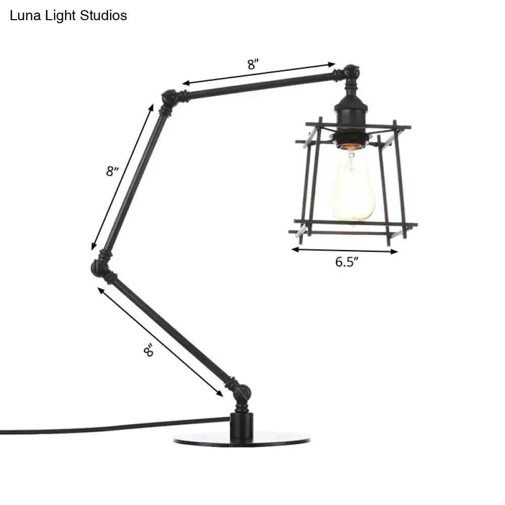 Vintage Metal Trapezoid Cage Table Lamp with Adjustable Arm - Black/Brass Finish