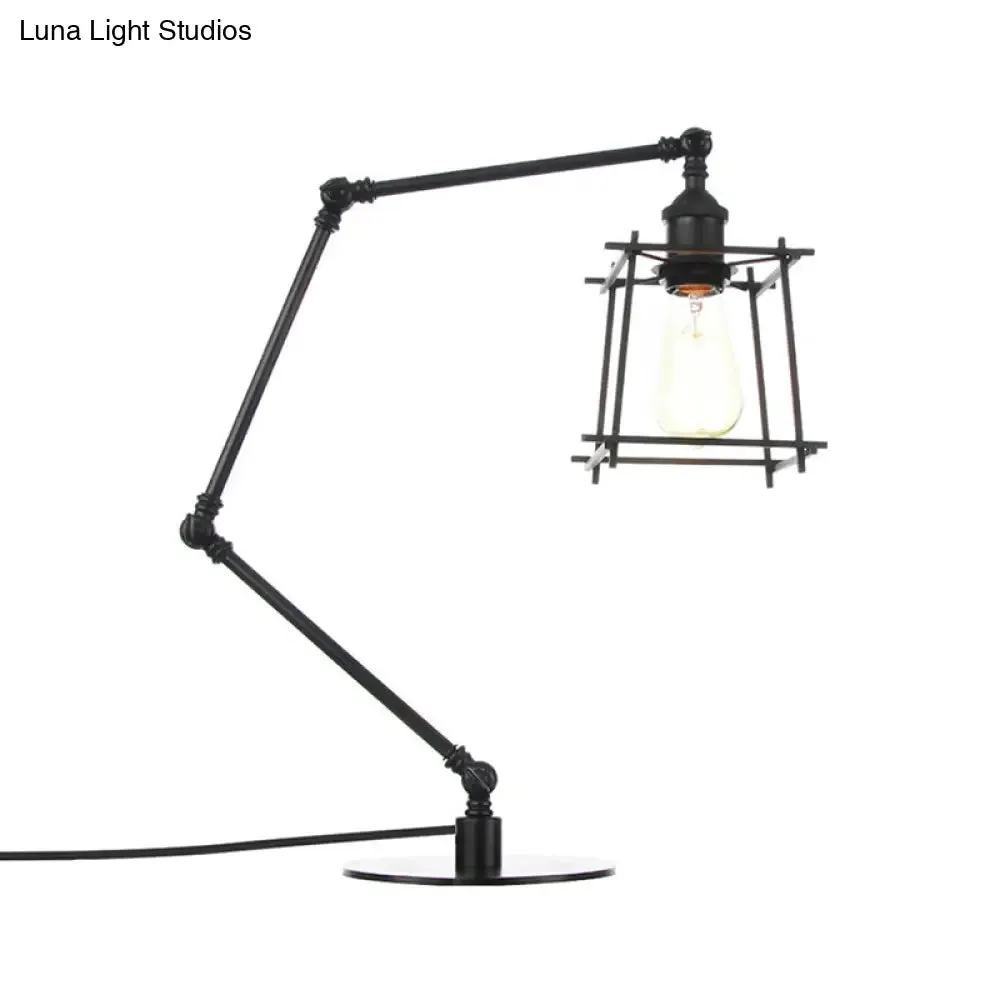 Vintage Metal Trapezoid Cage Table Lamp with Adjustable Arm - Black/Brass Finish