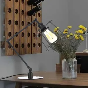 Vintage Metal Trapezoid Cage Table Lamp with Adjustable Arm - Black/Brass Finish