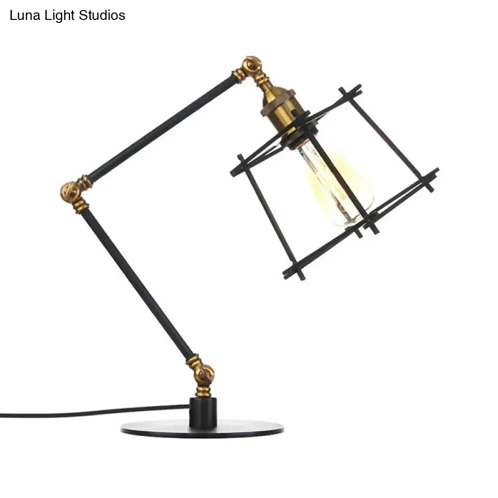Vintage Metal Trapezoid Cage Table Lamp with Adjustable Arm - Black/Brass Finish