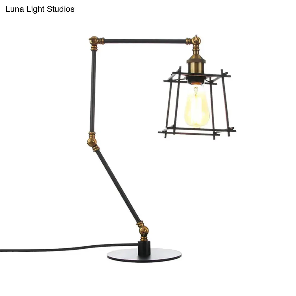 Vintage Metal Trapezoid Cage Table Lamp with Adjustable Arm - Black/Brass Finish
