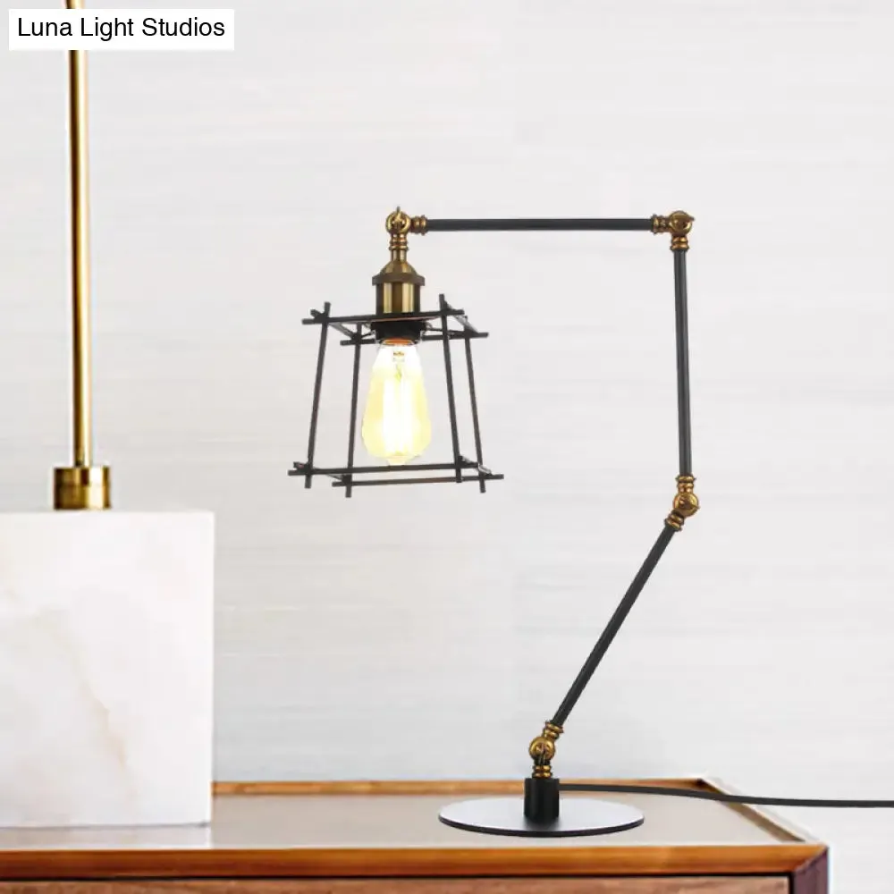 Vintage Metal Trapezoid Cage Table Lamp with Adjustable Arm - Black/Brass Finish