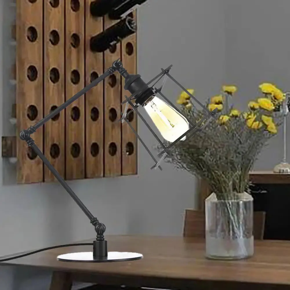 Vintage Metal Trapezoid Cage Table Lamp with Adjustable Arm - Black/Brass Finish