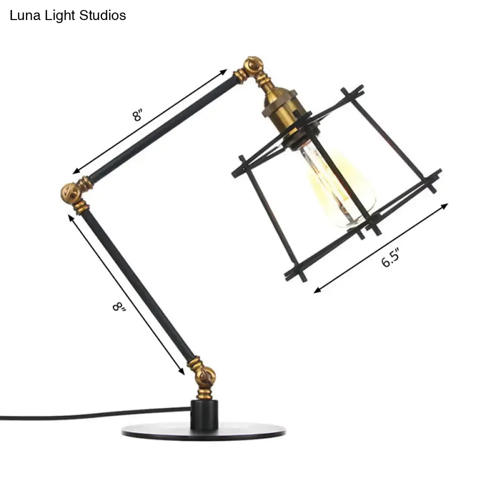 Vintage Metal Trapezoid Cage Table Lamp with Adjustable Arm - Black/Brass Finish