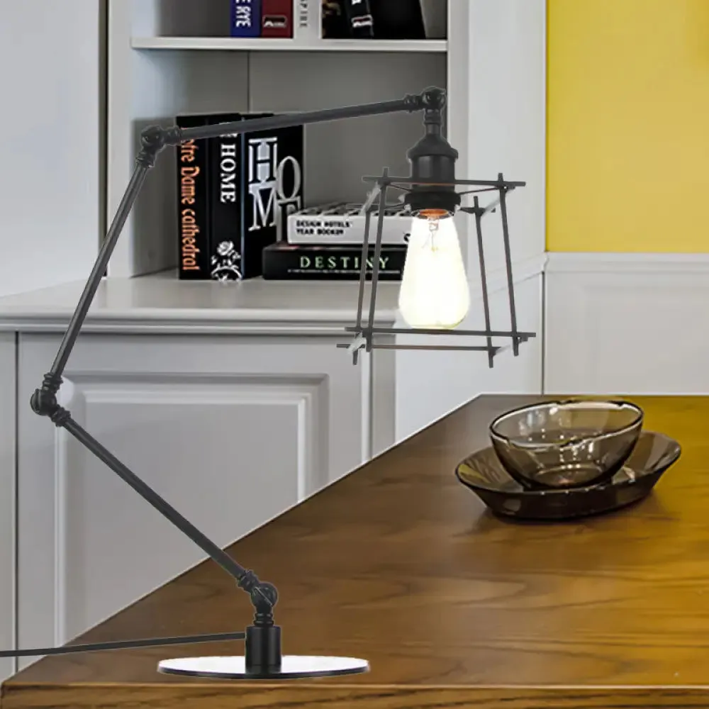 Vintage Metal Trapezoid Cage Table Lamp with Adjustable Arm - Black/Brass Finish