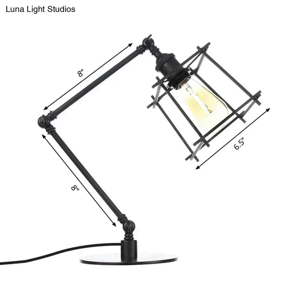 Vintage Metal Trapezoid Cage Table Lamp with Adjustable Arm - Black/Brass Finish