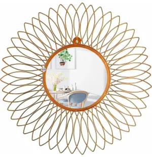 Vintage of world Iron Decorative 20 inch Glass 8 inch Color Golden Wall Mounted Hanging Metal, Round Leaf Design Modern Art Mirror Antique Style Sculpture (Golden)