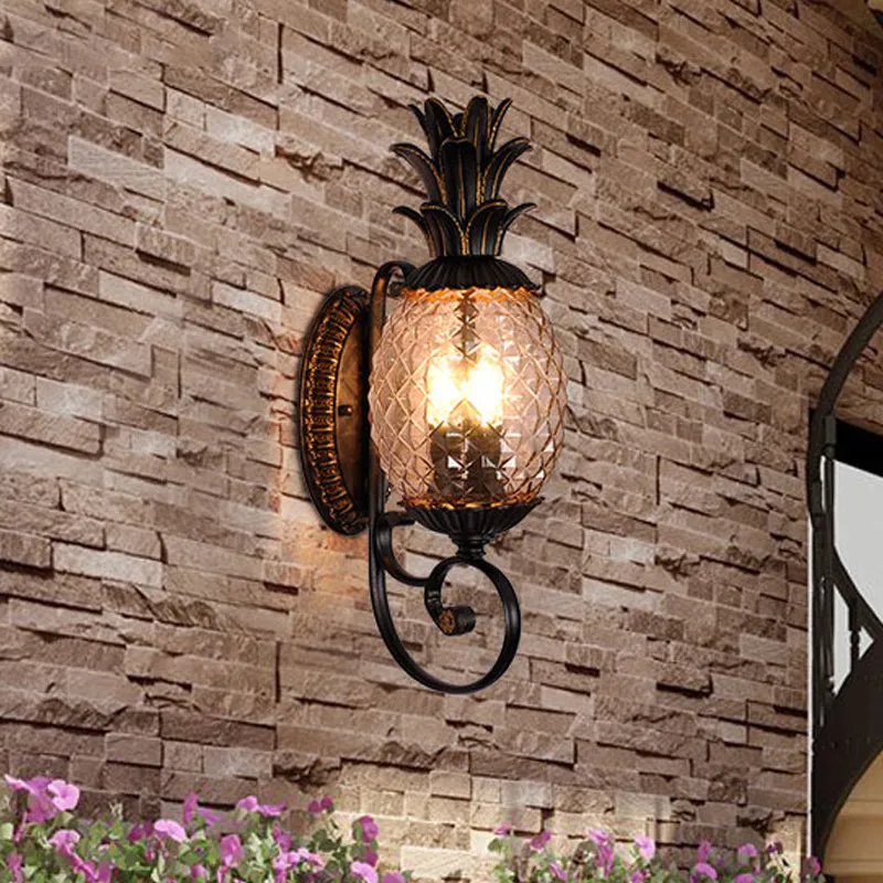 Vintage Pineapple Outdoor Wall Lamp - Brass Wall Mount Light with Smoke Gray Ribbed Glass and 1-Bulb