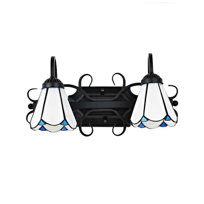 Vintage Style White Glass Conical Wall Lamp with 2 Lights - Black Bedroom and Foyer Lighting