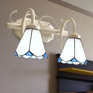 White Glass Wall Mount Vanity Light for Bathroom with 2 Cone-Shaped Heads